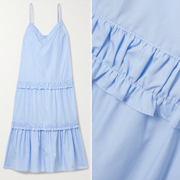 DEREK LAM 10 CROSBY Odile Shirred Tiered Cotton-Poplin Midi Dress Blue 10 NEW - Picture 10 of 13